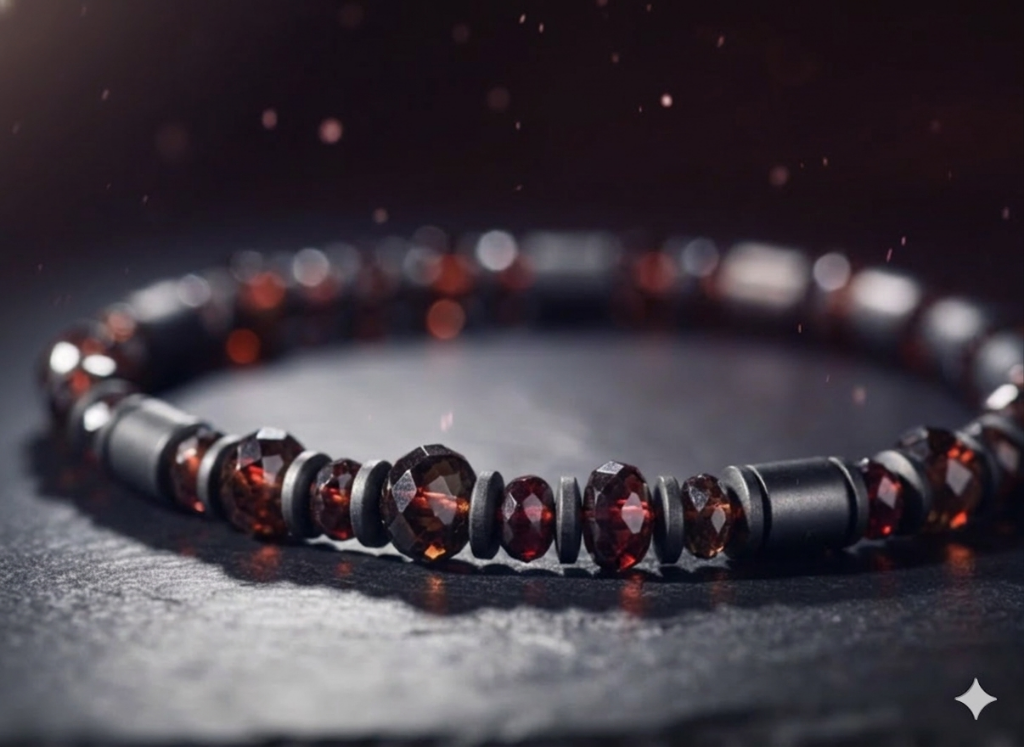 A macro photograph of a beaded bracelet featuring deep red faceted crystals and matte black cylindrical beads, resting on a dark, textured surface with shimmering red particles in the background.